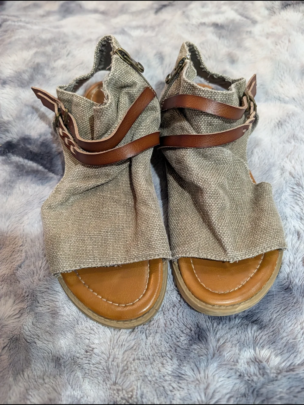 Women’s Taupe Canvas Sandals with Brown Leather Ankle Straps Size 7
